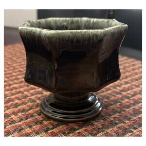 Vintage Hull USA F3 Brown Green Drip Glaze Octagon Pedestal Planter MCM